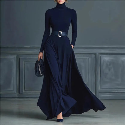 Elegant Half High Collar Knitted Long Sleeve Long Autumn Dress