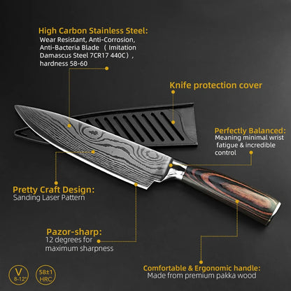 Damascus Laser Steel Kitchen Chef Knives with Shear Cutter and Wooden Handle