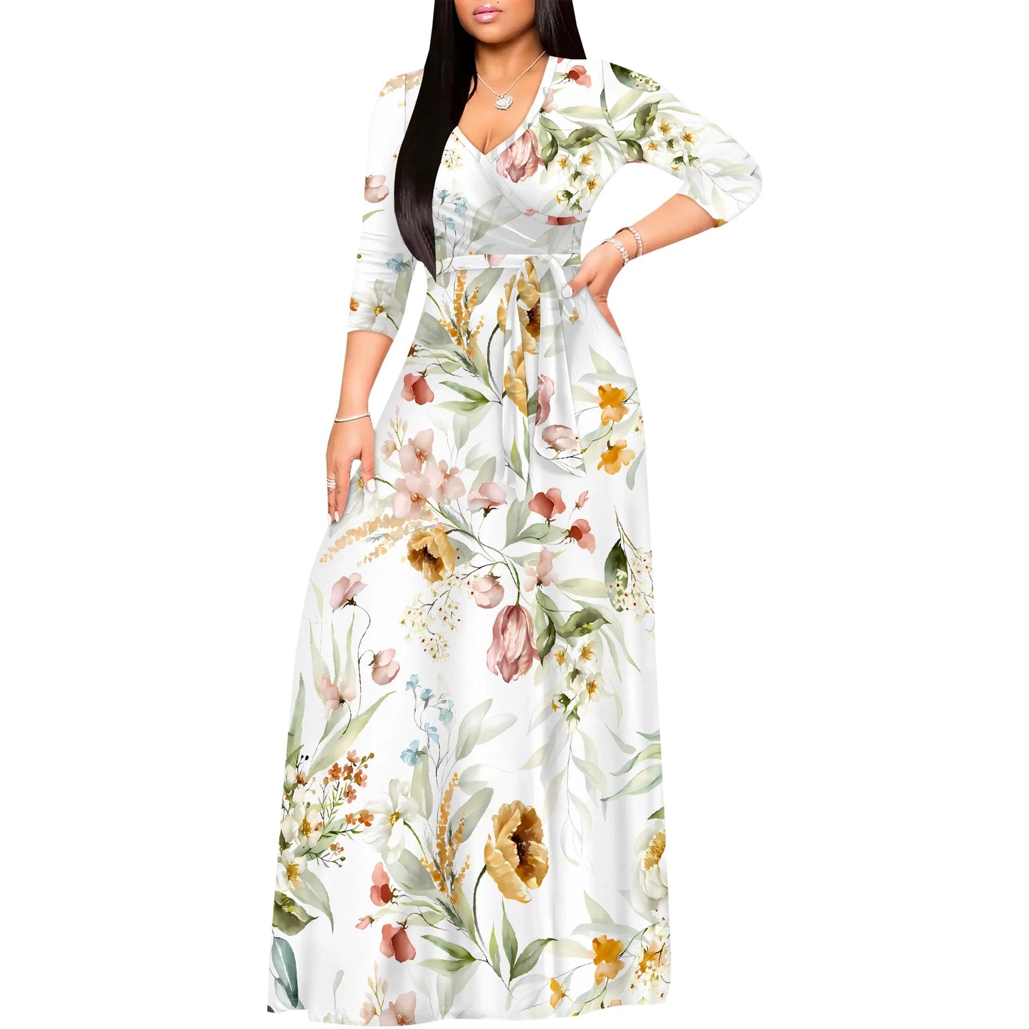 Romantic Floral Rose V-Neck 3/4 Sleeve Wrap Maxi Dress with Belt