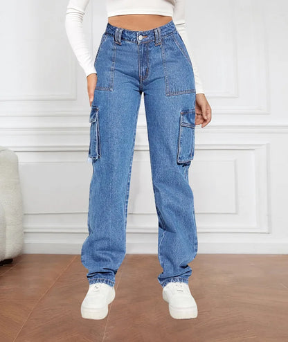 American Retro Mid-waist Multi-pocket Cargo Pants Jeans