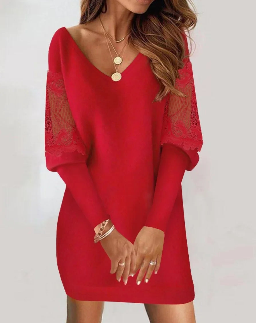 Elegant Women's V-Neck Mini Dress Lantern Long Sleeve for Autumn & Winter