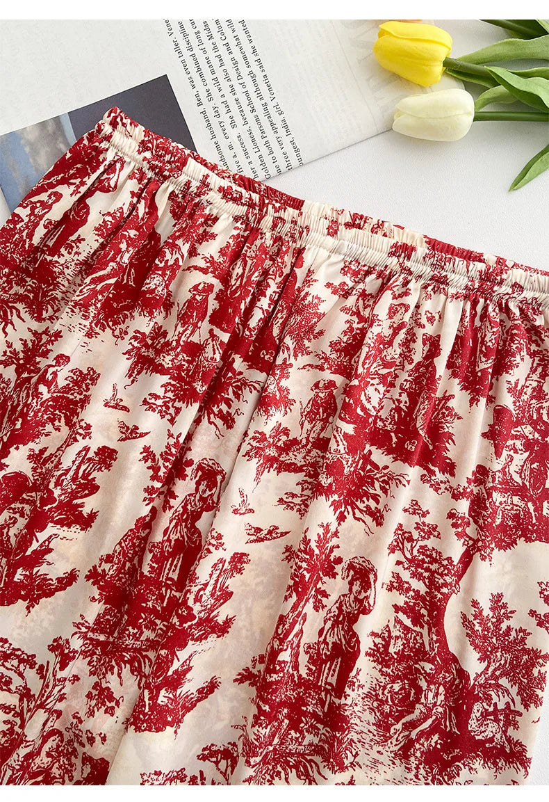 Red Sexy Pajamas Set Lapel Shirt & Pants for Lady Summer Spring 2Pcs Nightwear