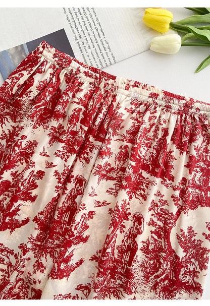 Red Sexy Pajamas Set Lapel Shirt & Pants for Lady Summer Spring 2Pcs Nightwear