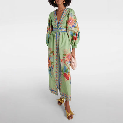 Bohemian retro ethnic style heavy-duty print elegant waist-defining slimming short vacation dress