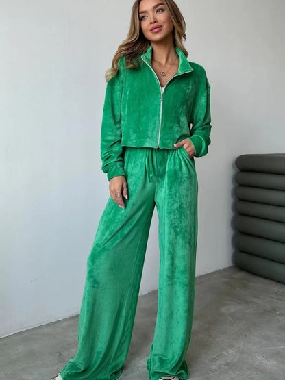 Autumn Winter Solid Casual Velvet Two Piece Tracksuit Sets for Women