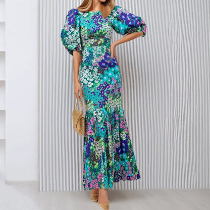 Elegant Blue Flower Print Lantern Sleeve Ankle Summer Fishtail Dress