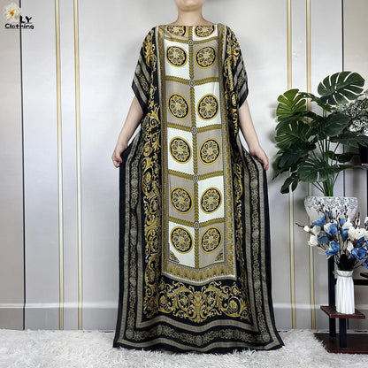 Women Printed Silk Soft Loose Maxi Party Dresses With Belt Turban
