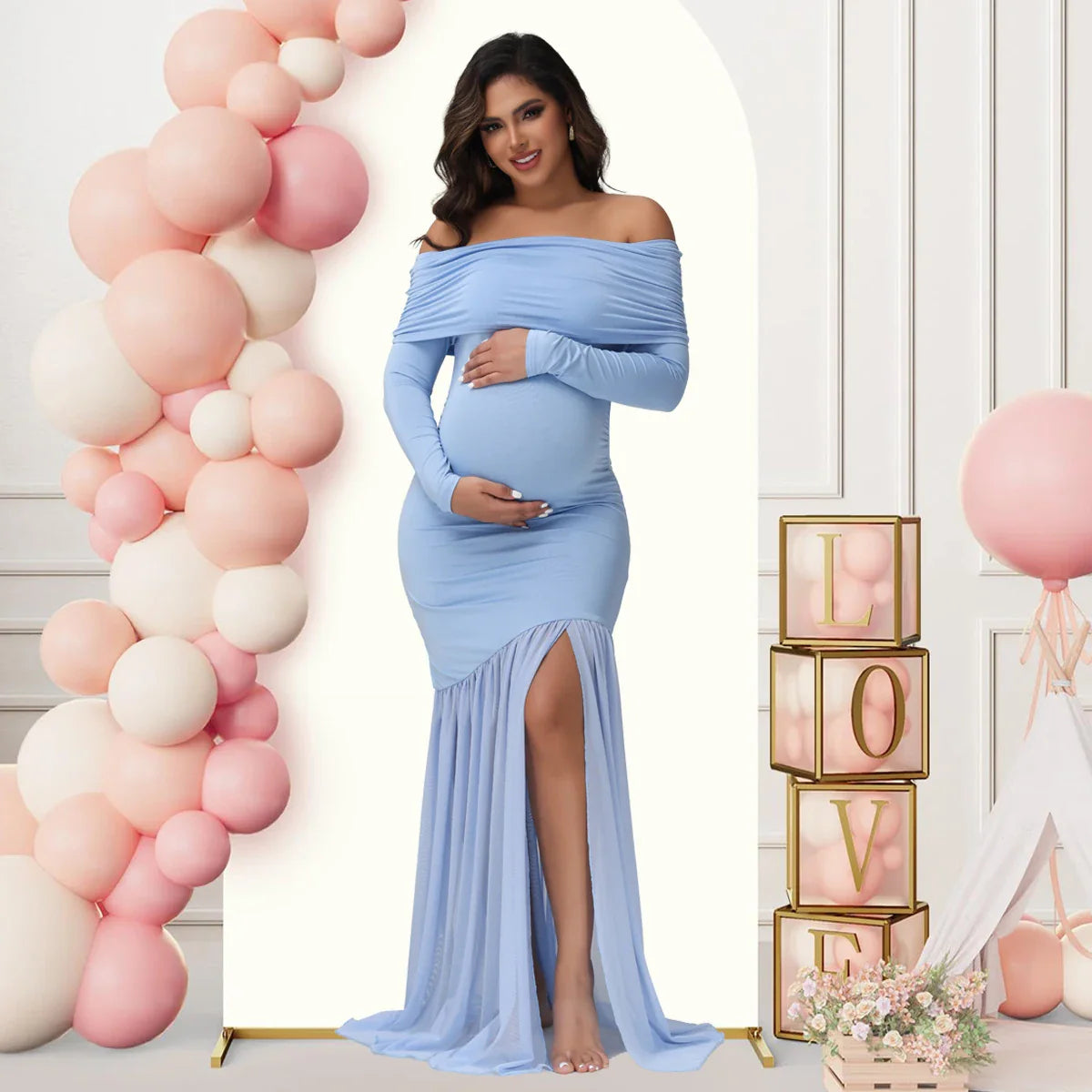 Elegant Maternity Gown Photoshoot Party Dress Off-Shoulder Slits Fishtail Hem