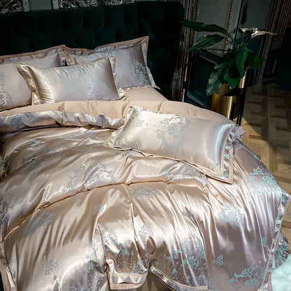 Soft Satin Jacquard Cotton Bedding Set, Luxury Duvet Cover, Blue, Gold, Gray, Queen, King Bed Sheet, Pillowcases, Home Textiles