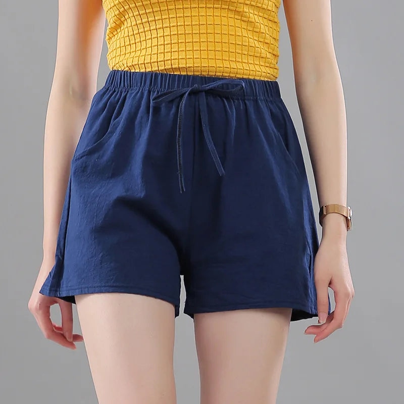 Women Summer Shorts Korean Wide Leg Casual Solid Drawstring Elastic Waist Cotton