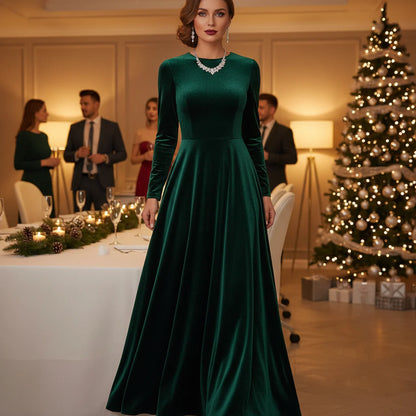 Spring Autumn O Neck Solid Chic Maxi Women Dress Long Sleeve Party Dress