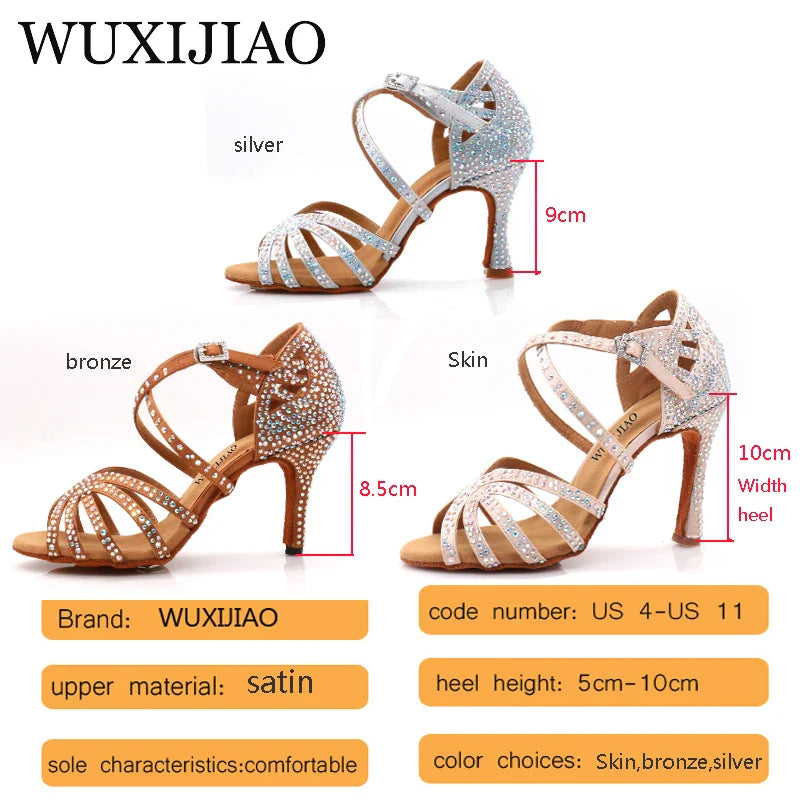 Ballroom Diamond Latin Dance Soft Sole Shoes Silver Bronze Skin color