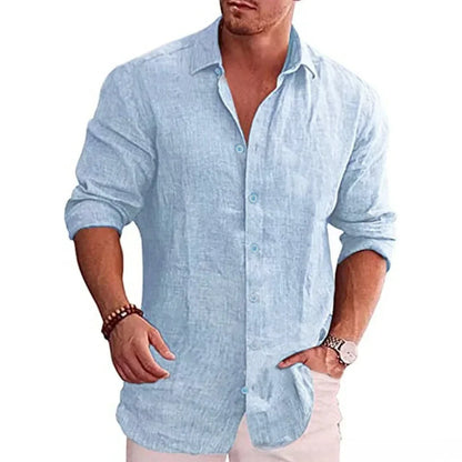 Autumn Men's Long Sleeve Shirt Cotton Linen Breathable Solid Color Casual Style Plus Size