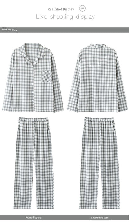 Cotton Couple Pajamas for Men and Women Spring and Autumn Pure Cotton Thin Plaid Long Sleeves Plus Size Outerwear