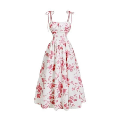 Women's Floral Slip Dress French Vintage High Waist Casual Sundress