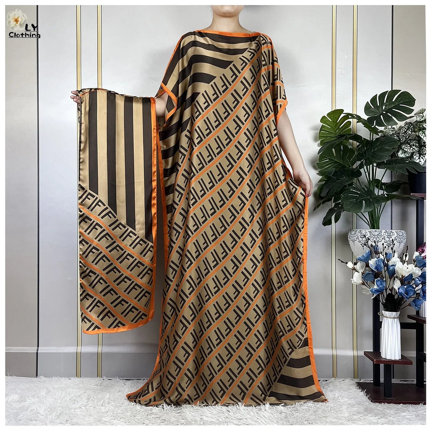 Women Printed Silk Soft Loose Maxi Party Dresses With Belt Turban