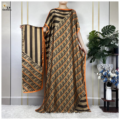 Women Printed Silk Soft Loose Maxi Party Dresses With Belt Turban