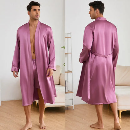Solid Color Sleep Wear Set Men Silky Nightwear Kimono