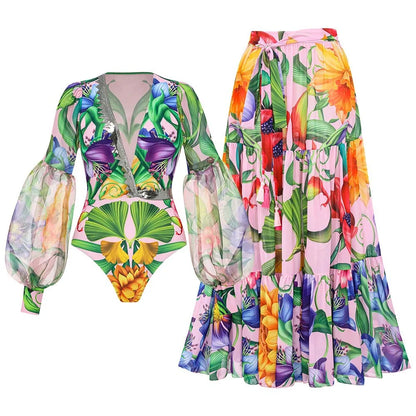 Swimwear 2PC Cover-up Swimsuit Ruffle Printed Deep V One-piece Kimono Bikini Suit