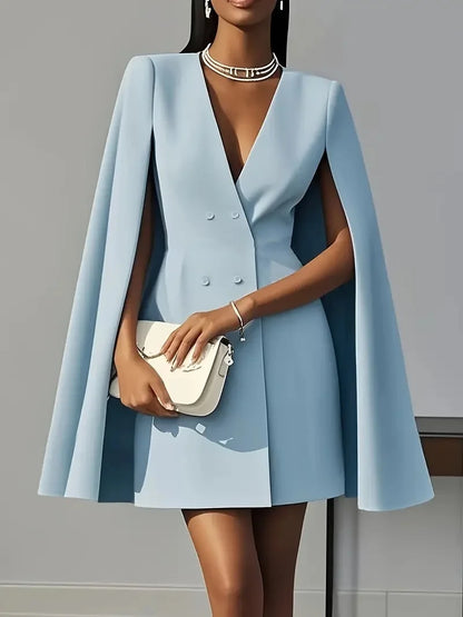 Women Midi Fashion Solid Blazers Dress Double Breasted Waist Party Dress Elegant V-neck Shawl Cape Sleeve