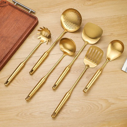 1/7Pcs Stainless Steel Kitchenware - Gold Soup Spoon Noodle Colander Hot Pot Spoon Rice Spoon Kitchen Cooking Frying Tool