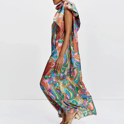 Summer Satin One-piece Robes Fashion Pattern Printed Skew Collar Halter Dress Elegant Off Shoulder Pleated Party Dress