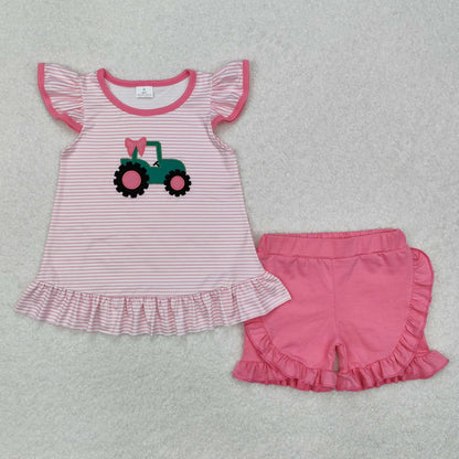 Baby girl summer shirt Short set embroidery farm tractor pink striped 3M-16T