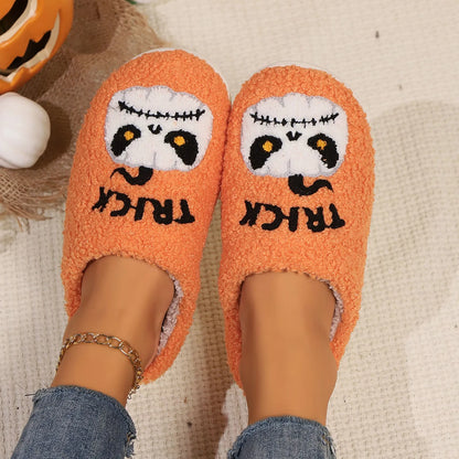 Women's Cartoon Pumpkin Embroidery Plush Warm Slippers Non-slip Indoor