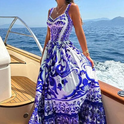 Elegant Summer Bohemian Sling Print Sleeveless A-line Long Dress