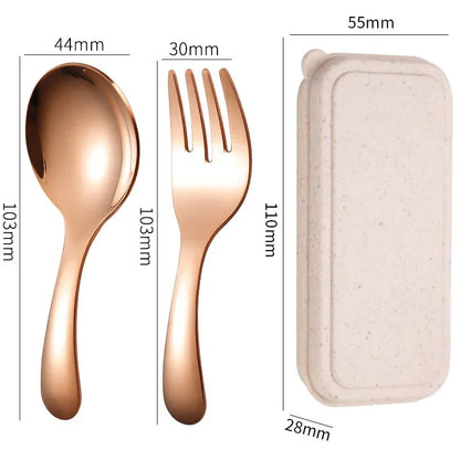 Mini Portable Stainless Steel Spoon Fork Set Storage Dessert Fruit Tool for Work School Short Handle Tableware Suitable for Kids