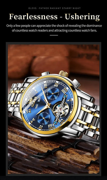 OLEVS Men's Watches Automatic Mechanical Business Wristwatch Waterproof Stainless Steel Strap Watch for Man Skeleton Calendar