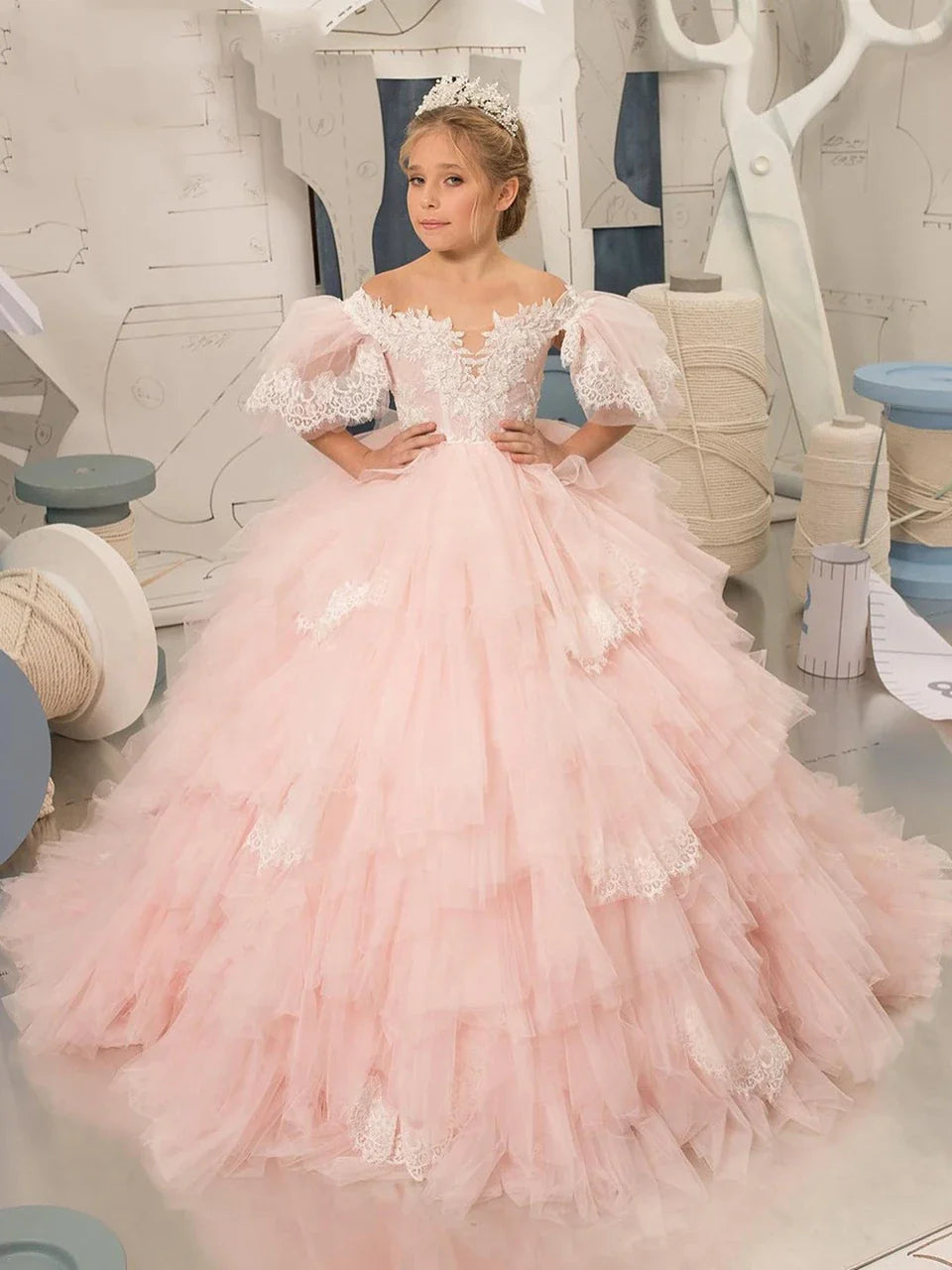 Elegant Puffy Sleeves Flower Girl Dresses for Wedding Robe A-Line First Communion Pageant Party Gowns