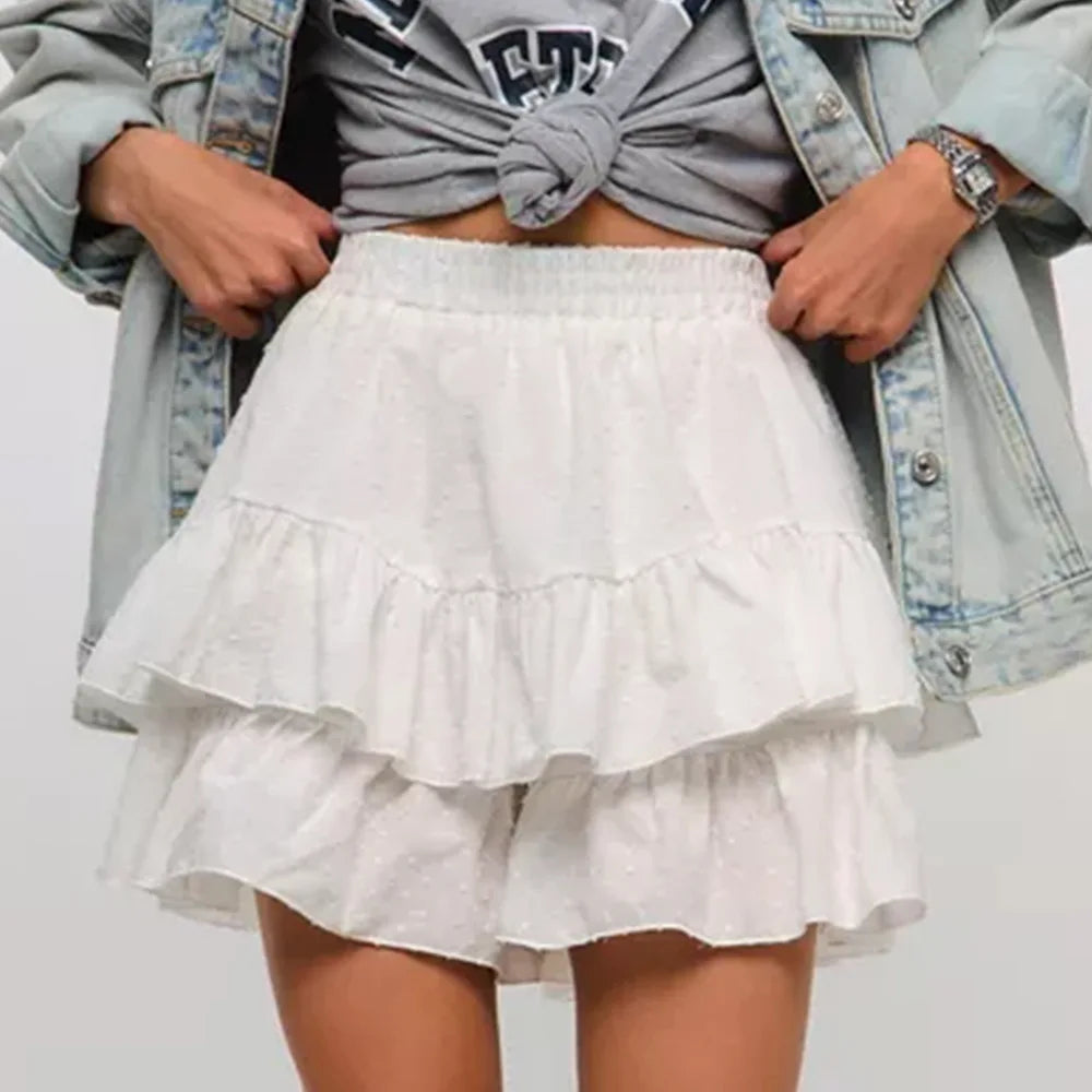 Casual Ruffled Shorts For Women Solid High Waist Pure Cotton A-line