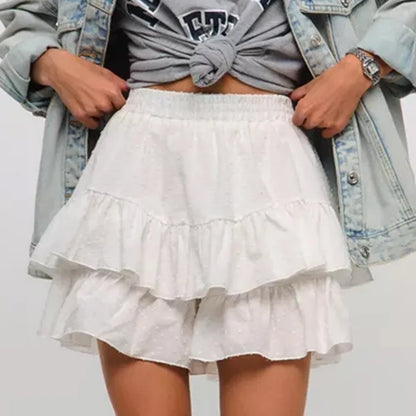 Casual Ruffled Shorts For Women Solid High Waist Pure Cotton A-line