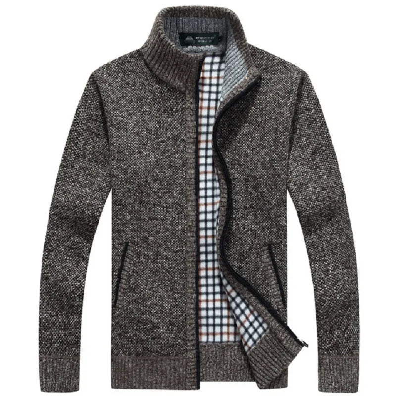 Winter Men's Knitted Sweater Coat Long Sleeve Thick Cardigan Fleece Zipper Causal Solid Color