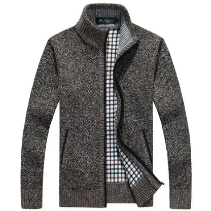 Winter Men's Knitted Sweater Coat Long Sleeve Thick Cardigan Fleece Zipper Causal Solid Color