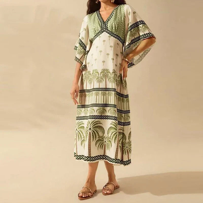Summer Tropical Plant V-Neck Bohe Elegant Half Sleeve Loose Party Dress A-line