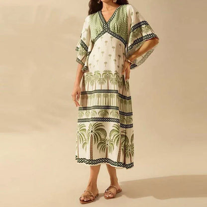 Summer Tropical Plant V-Neck Bohe Elegant Half Sleeve Loose Party Dress A-line