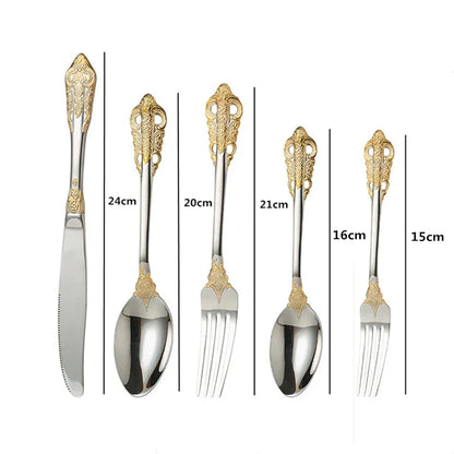 Luxury Gold Cutlery Set Vintage Dinnerware Set 18/10 Stainless Steel Silver Flatware Knife Fork and Spoon