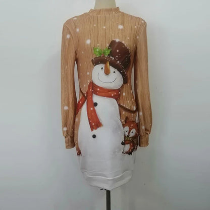 Vintage Christmas Printing Party Dress For Women Autumn Fashion Half High Collar Lantern Long Sleeve Dress Lady Bodycon