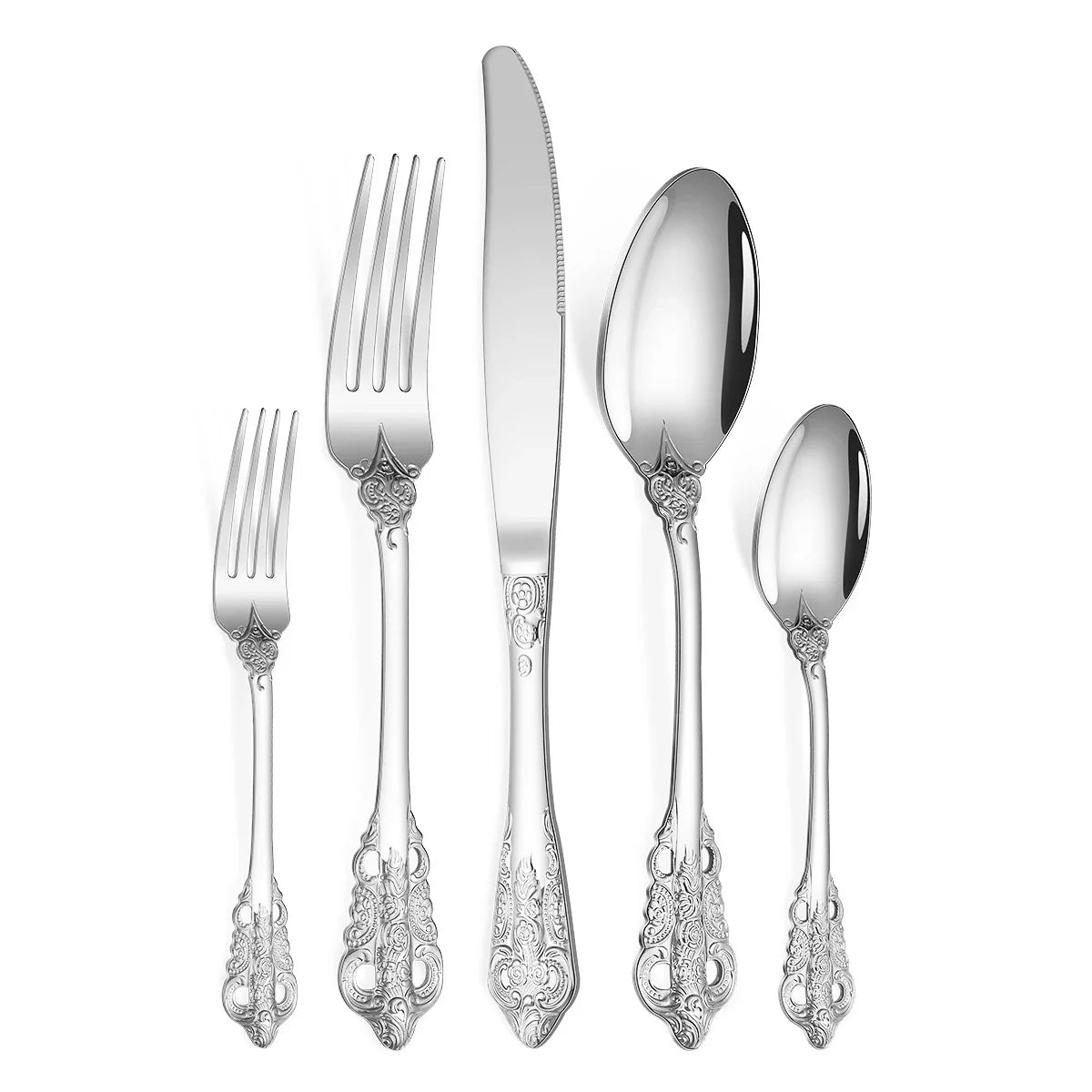 Luxury Gold Cutlery Set Vintage Dinnerware Set 18/10 Stainless Steel Silver Flatware Knife Fork and Spoon