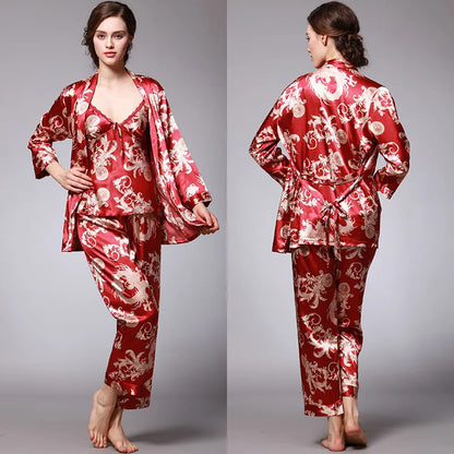 Women's Silk Satin Pajamas Set 3 Pcs Floral Silky Sets Sleepwear