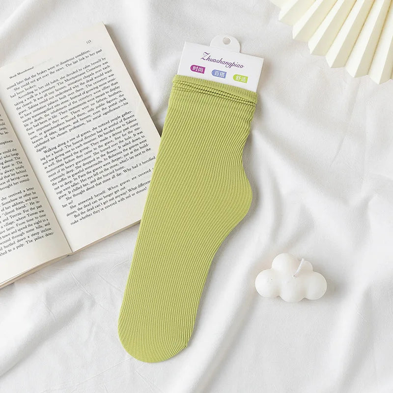 Multicolor Solid Color Ice Silk Velvet Mid Tube Women summer Socks Soft Thin