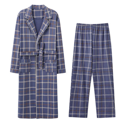 Men’s Cotton Robe Long Sleeve Kimono Bathrobe With Long Pants 2pcs Robes Set Sleepwear Spring Autumn V-Neck Plaid Pajama