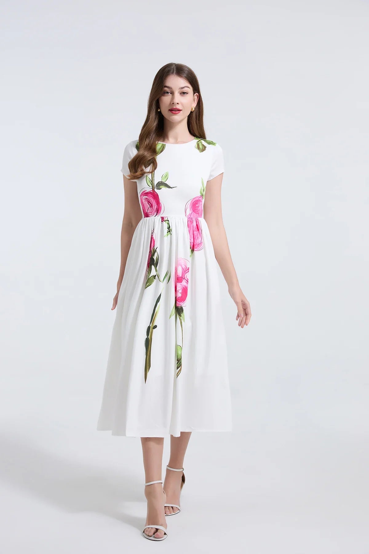 Summer French Women's Retro Pink Flower Waist Cinching Slimming Big Swing Dress Elegant Anti-aging Short Sleeved Skirt