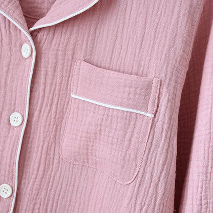 Spring and Autumn Couple Pajamas Set 100%Cotton Crepe Long Sleeve Pants Two Piece Men's and Women's Large Size