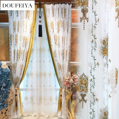 European Elegant Yellow Embroidery Tulle Curtains for Living Dining Room Bedroom - White Ladder Rope Translucidus