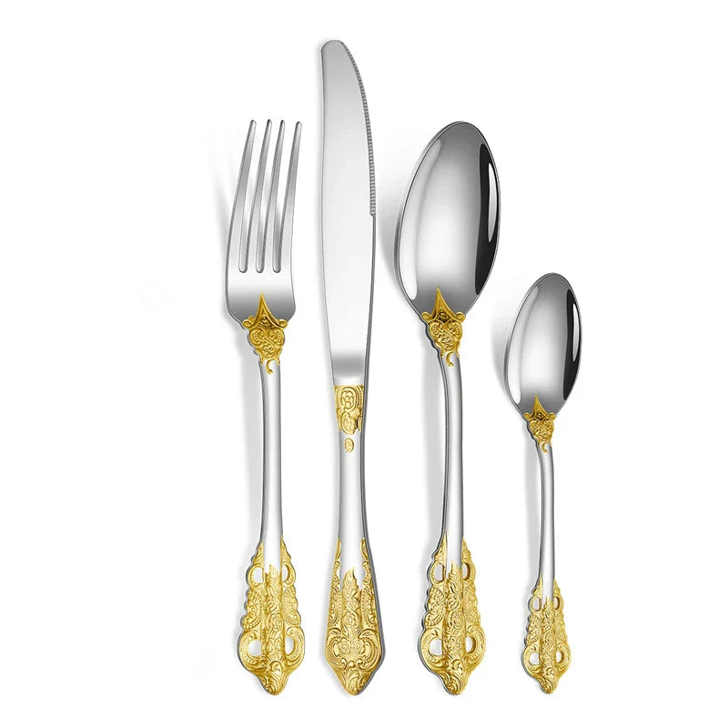 Luxury Gold Cutlery Set Vintage Dinnerware Set 18/10 Stainless Steel Silver Flatware Knife Fork and Spoon