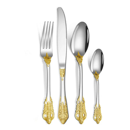 Luxury Gold Cutlery Set Vintage Dinnerware Set 18/10 Stainless Steel Silver Flatware Knife Fork and Spoon