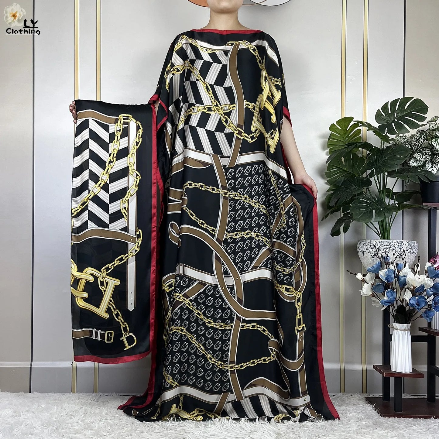 Women Printed Silk Soft Loose Maxi Party Dresses With Belt Turban